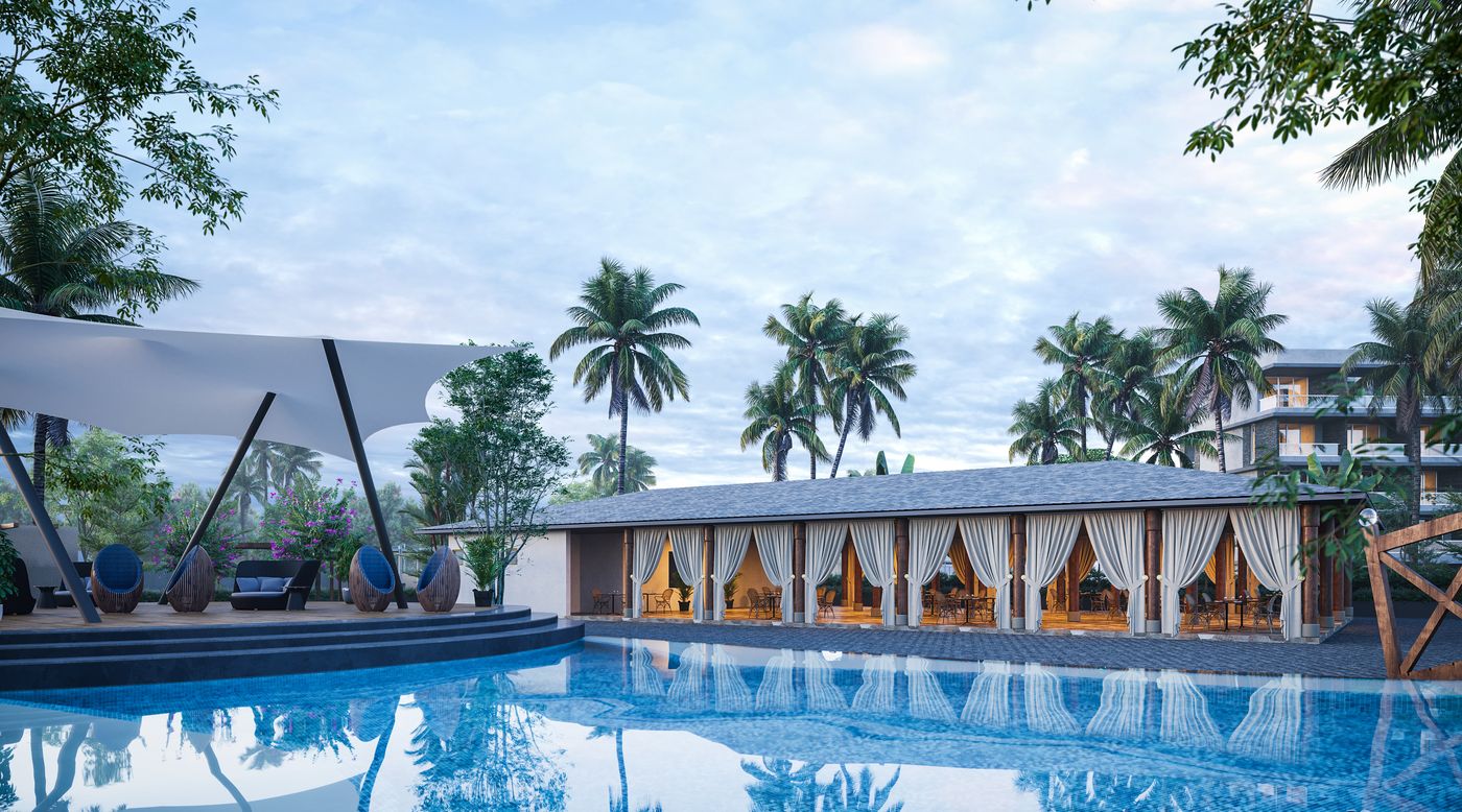 Poolside dining pavilion under palms