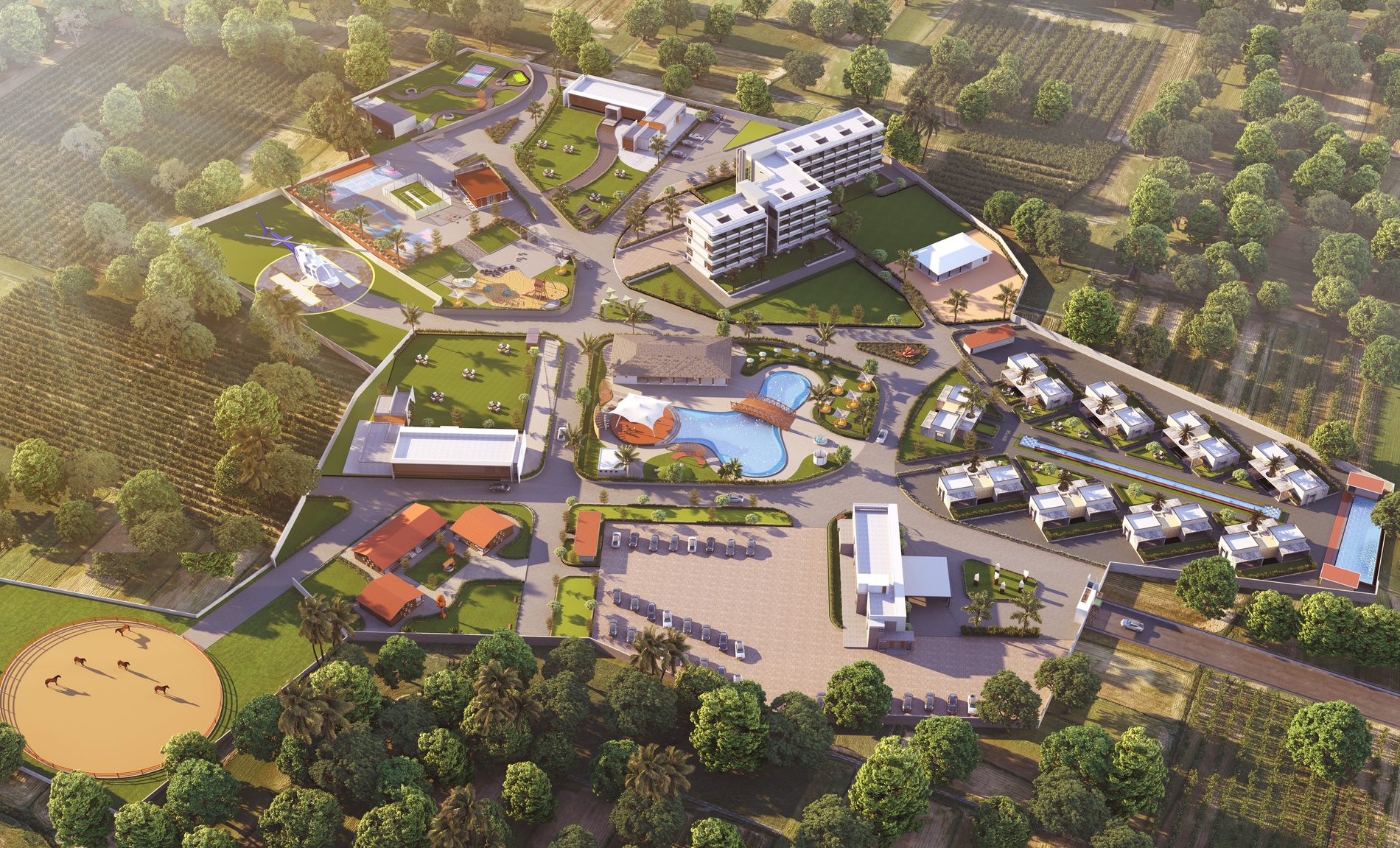 Aerial masterplan of the Thrilllanza estate showing the hotel, cottages, village quarter, banquet hall, event grounds and pool