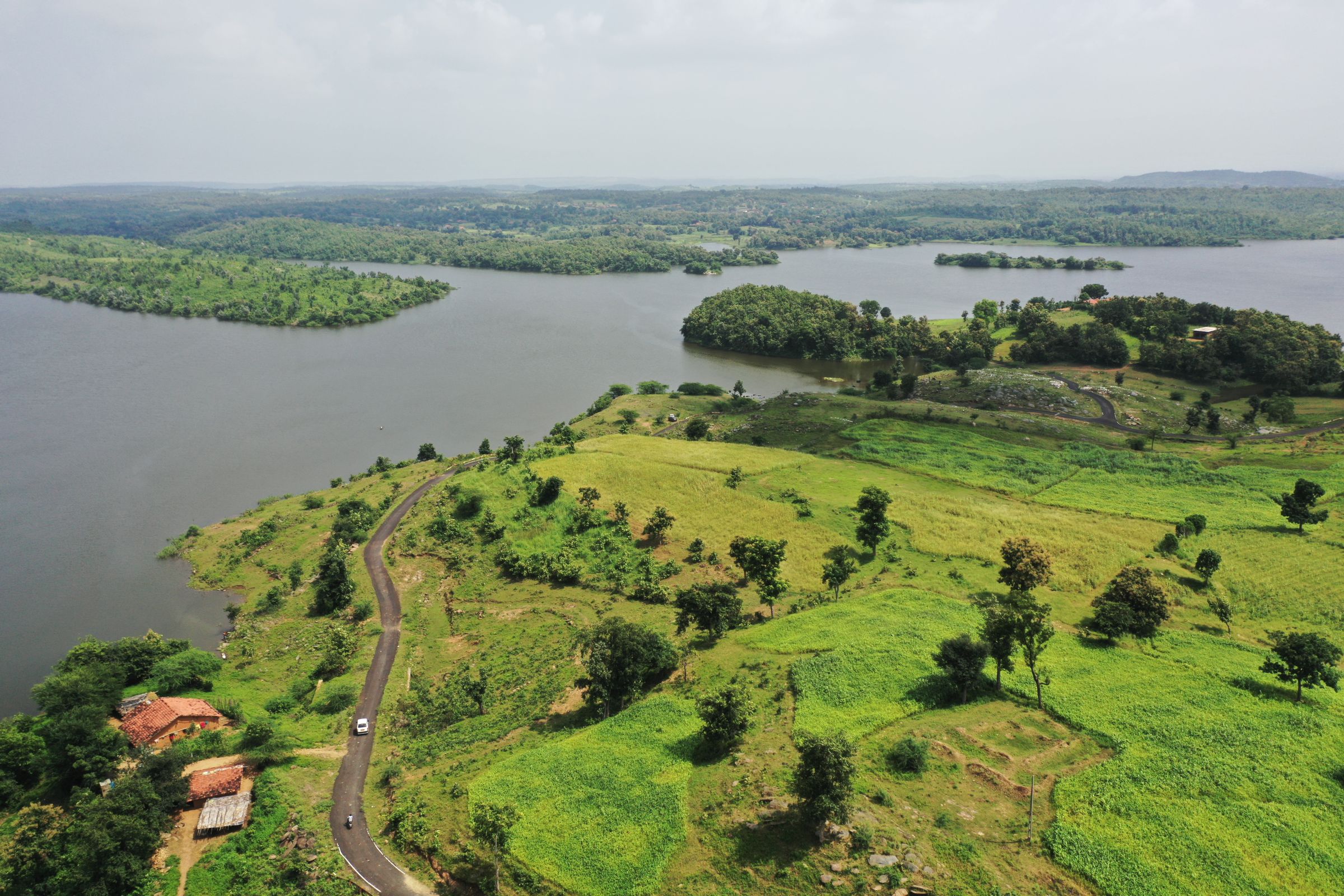 Aerial view of the Mahisagar river and the Thrilllanza site at Lunawada